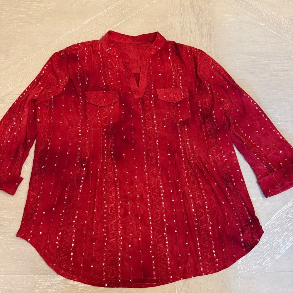 Red 3/4 Sleeve Blouse with Mandarin Collar Sequins Holiday